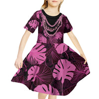 Pink Hawaii Kukui Nut Lei Kid Short Sleeve Dress Hawaiian Pattern Monstera Tropical Vibes - Polynesian Pride