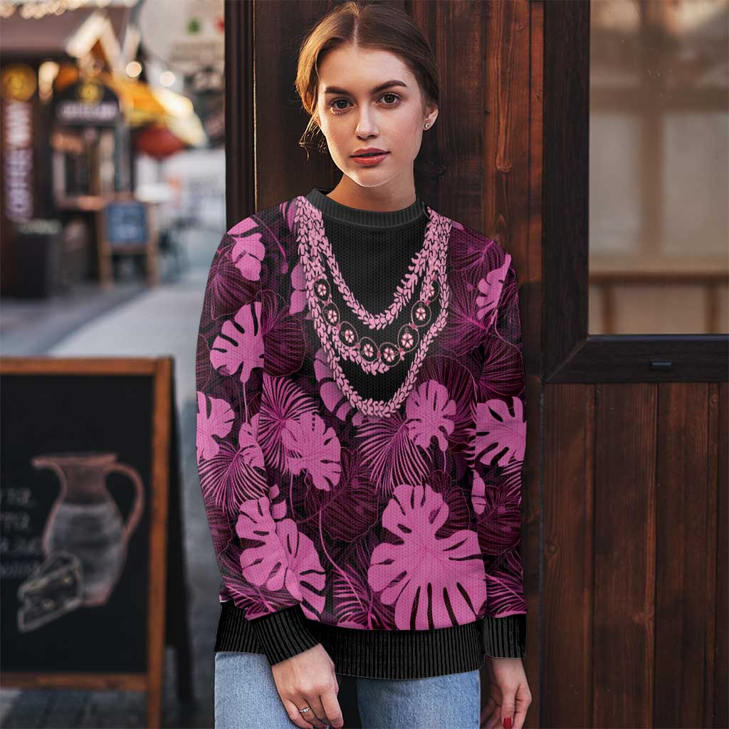 Pink Hawaii Kukui Nut Lei Ugly Christmas Sweater Hawaiian Pattern Monstera Tropical Vibes - Polynesian Pride