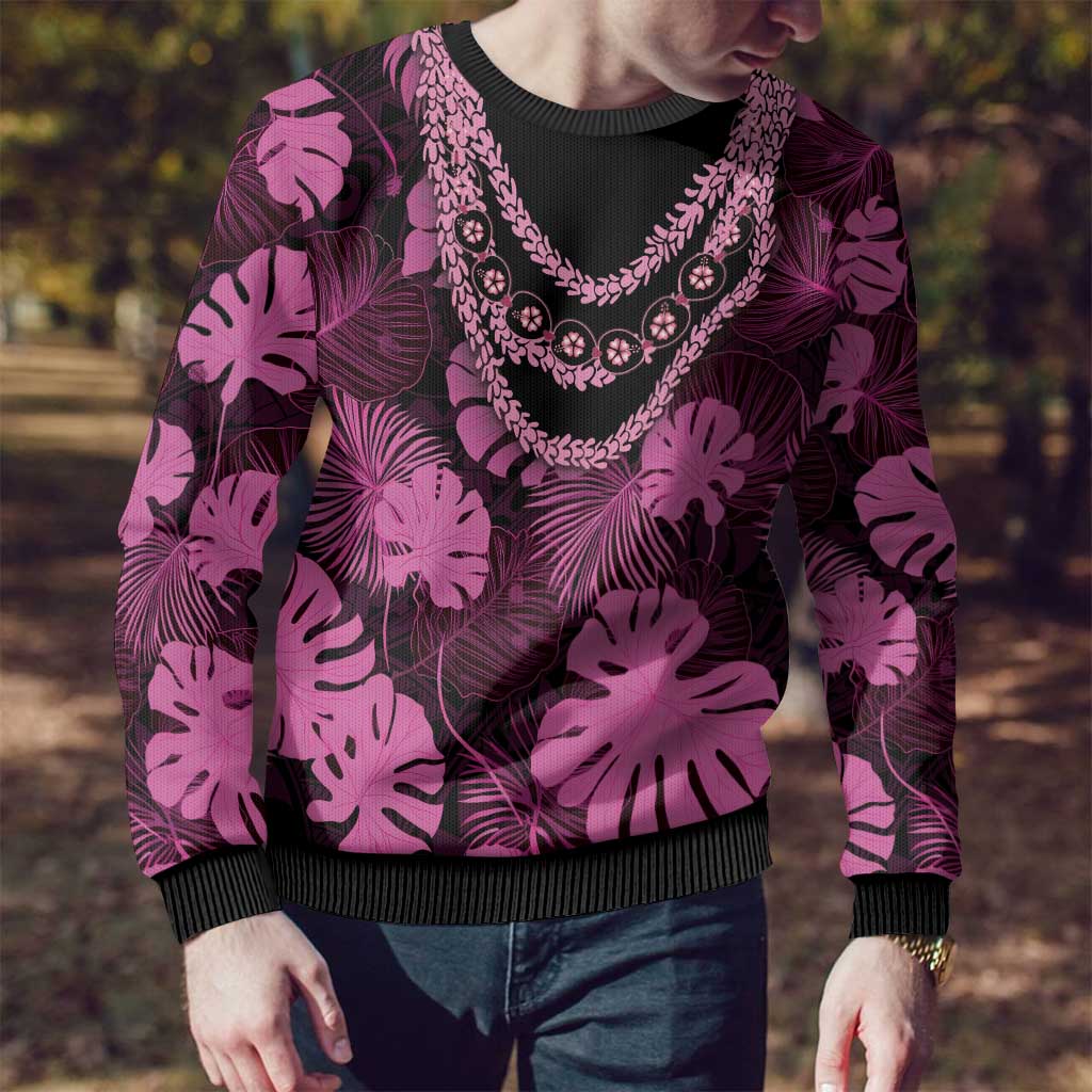 Pink Hawaii Kukui Nut Lei Ugly Christmas Sweater Hawaiian Pattern Monstera Tropical Vibes - Polynesian Pride