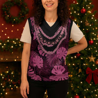 Pink Hawaii Kukui Nut Lei Christmas Knitted V-Neck Vest Hawaiian Pattern Monstera Tropical Vibes - Polynesian Pride