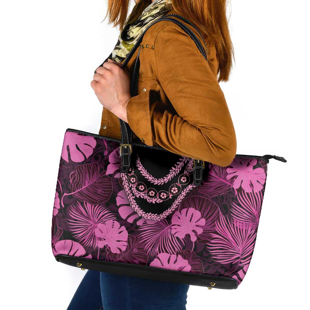 Pink Hawaii Kukui Nut Lei Leather Tote Bag Hawaiian Pattern Monstera Tropical Vibes - Polynesian Pride