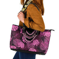 Pink Hawaii Kukui Nut Lei Leather Tote Bag Hawaiian Pattern Monstera Tropical Vibes - Polynesian Pride