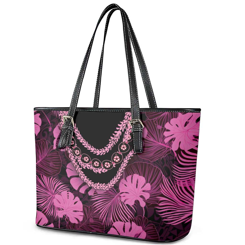 Pink Hawaii Kukui Nut Lei Leather Tote Bag Hawaiian Pattern Monstera Tropical Vibes - Polynesian Pride