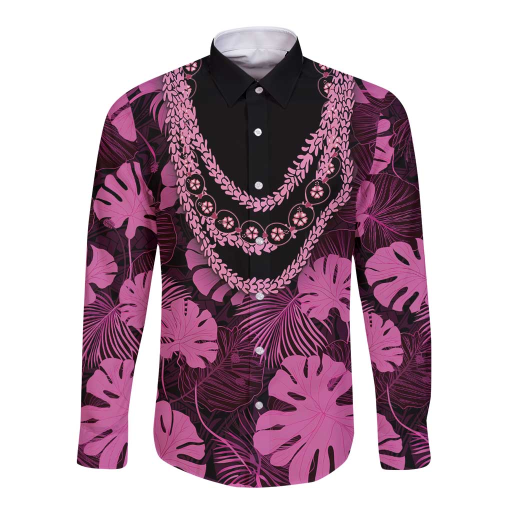 Pink Hawaii Kukui Nut Lei Long Sleeve Button Shirt Hawaiian Pattern Monstera Tropical Vibes - Polynesian Pride