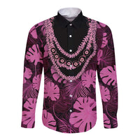 Pink Hawaii Kukui Nut Lei Long Sleeve Button Shirt Hawaiian Pattern Monstera Tropical Vibes - Polynesian Pride