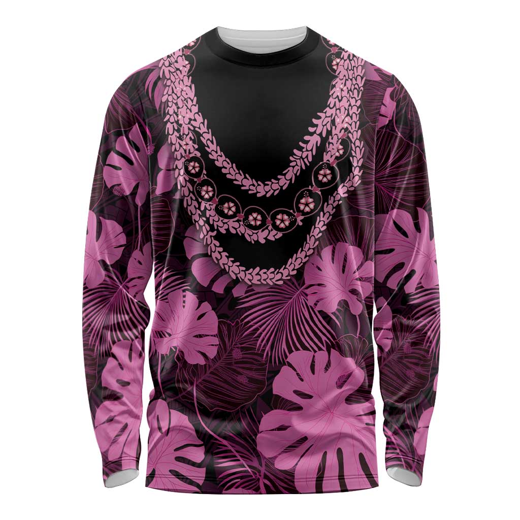 Pink Hawaii Kukui Nut Lei Long Sleeve Shirt Hawaiian Pattern Monstera Tropical Vibes - Polynesian Pride