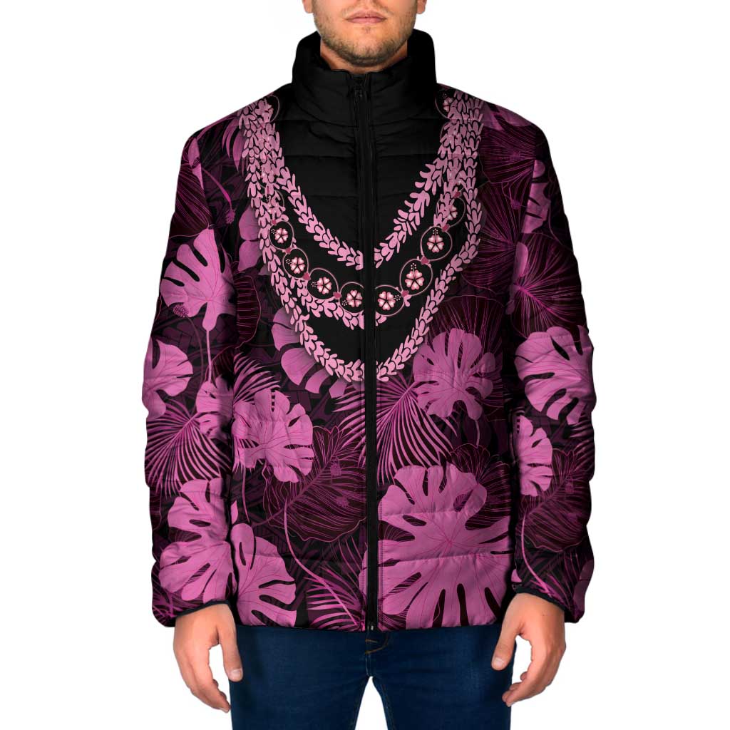 Pink Hawaii Kukui Nut Lei Padded Jacket Hawaiian Pattern Monstera Tropical Vibes - Polynesian Pride