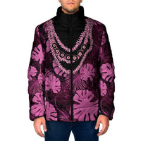 Pink Hawaii Kukui Nut Lei Padded Jacket Hawaiian Pattern Monstera Tropical Vibes - Polynesian Pride