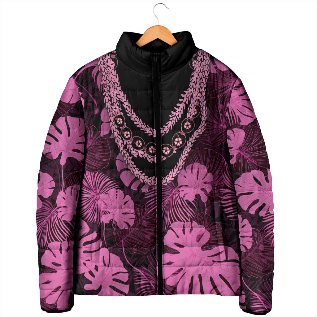 Pink Hawaii Kukui Nut Lei Padded Jacket Hawaiian Pattern Monstera Tropical Vibes - Polynesian Pride