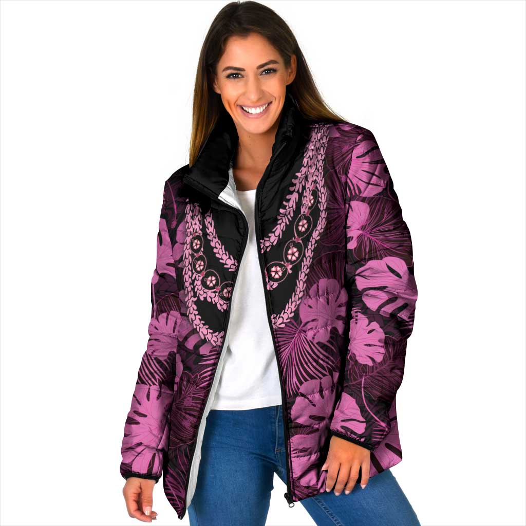 Pink Hawaii Kukui Nut Lei Padded Jacket Hawaiian Pattern Monstera Tropical Vibes - Polynesian Pride
