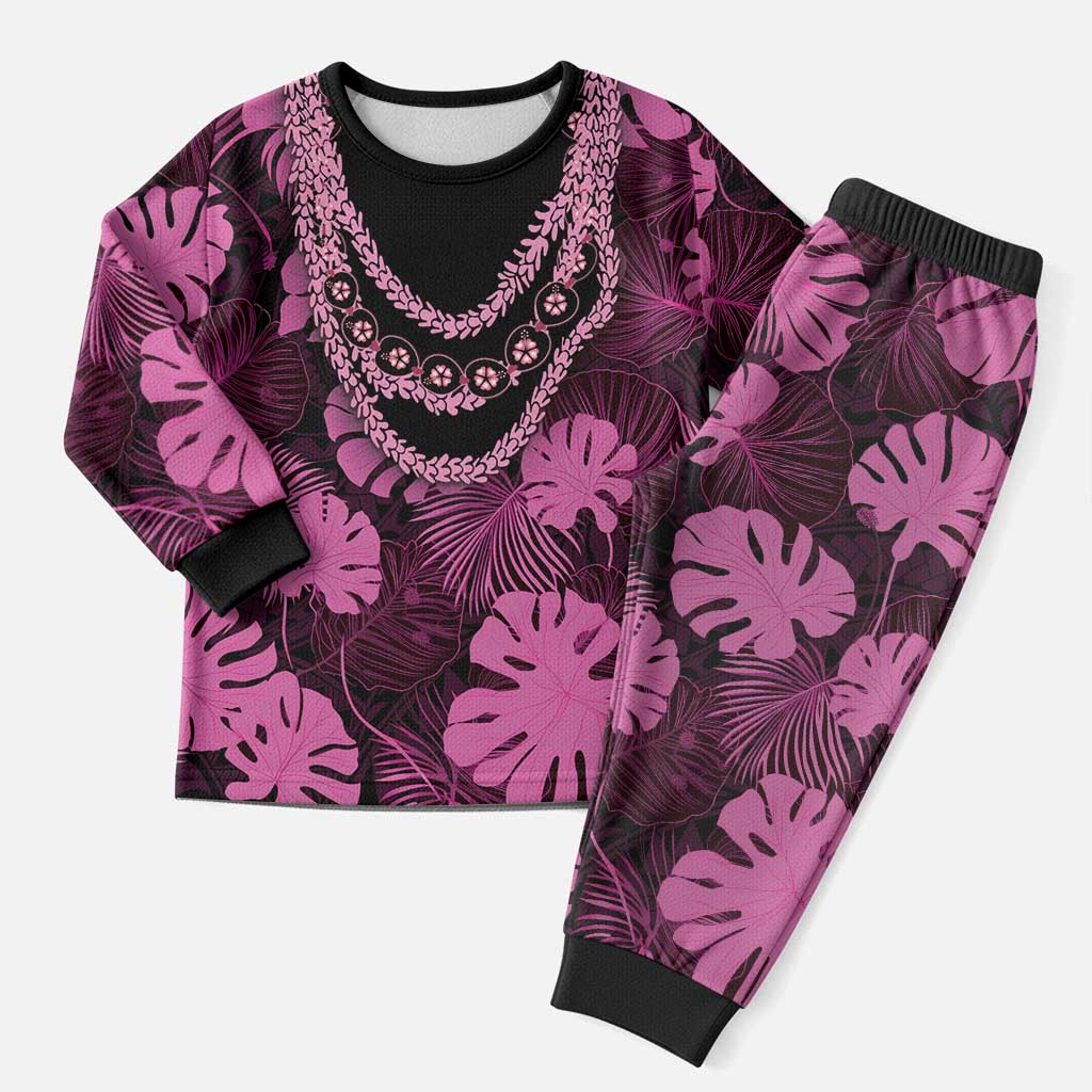 Pink Hawaii Kukui Nut Lei Christmas Pajama Set Hawaiian Pattern Monstera Tropical Vibes - Polynesian Pride