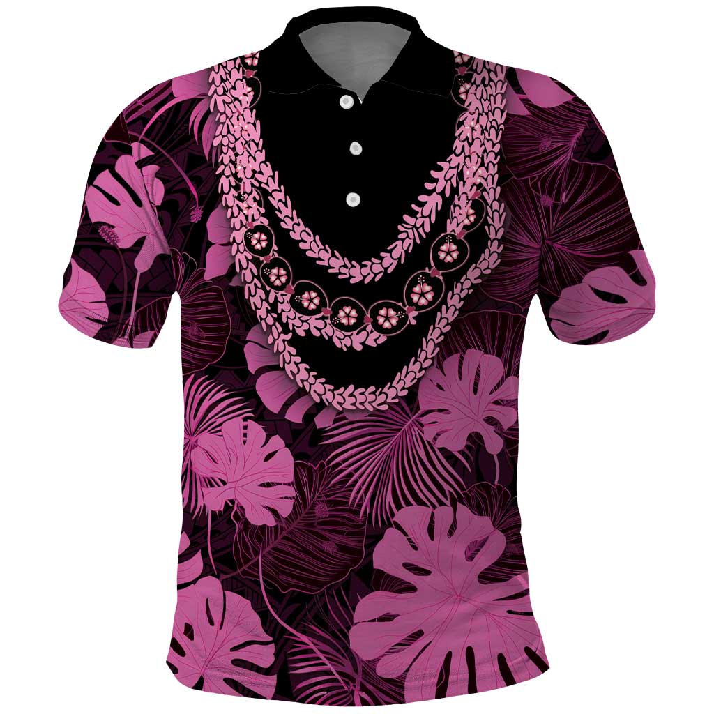 Pink Hawaii Kukui Nut Lei Polo Shirt Hawaiian Pattern Monstera Tropical Vibes - Polynesian Pride