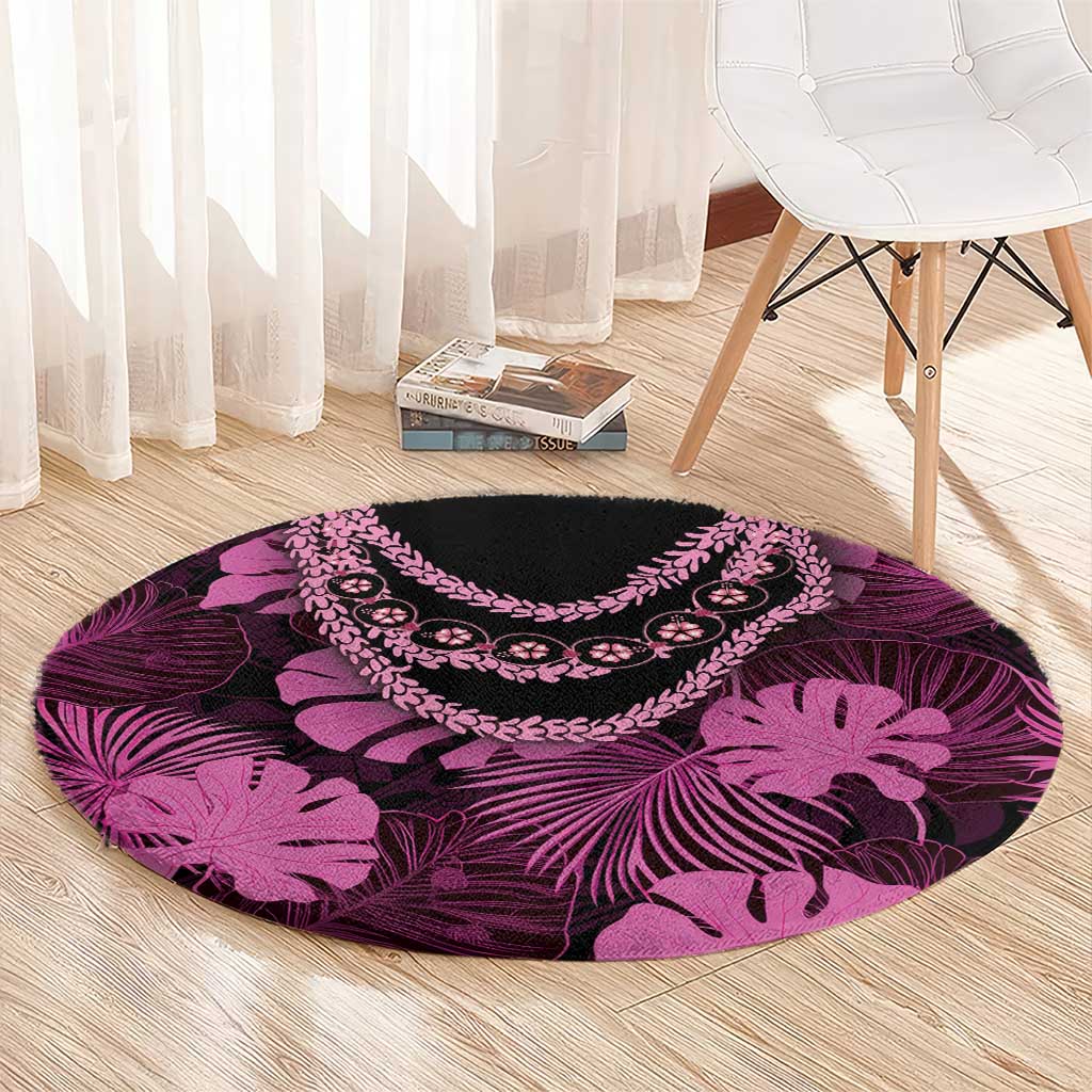 Pink Hawaii Kukui Nut Lei Round Carpet Hawaiian Pattern Monstera Tropical Vibes - Polynesian Pride