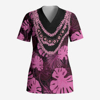 Pink Hawaii Kukui Nut Lei Scrub Top Hawaiian Pattern Monstera Tropical Vibes - Polynesian Pride