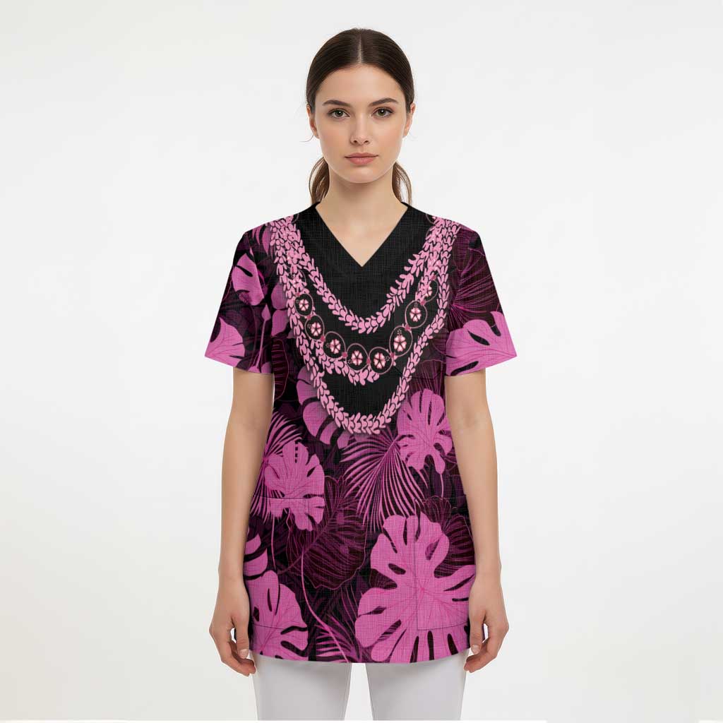 Pink Hawaii Kukui Nut Lei Scrub Top Hawaiian Pattern Monstera Tropical Vibes - Polynesian Pride