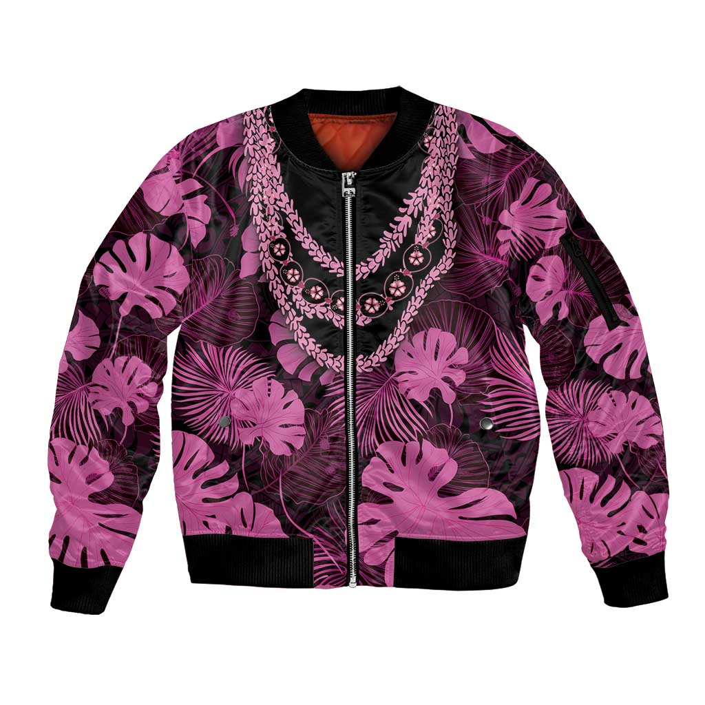 Pink Hawaii Kukui Nut Lei Sleeve Zip Bomber Jacket Hawaiian Pattern Monstera Tropical Vibes - Polynesian Pride