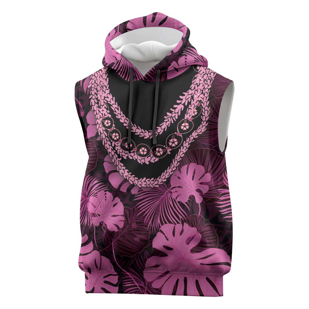 Pink Hawaii Kukui Nut Lei Sleeveless Hoodie Hawaiian Pattern Monstera Tropical Vibes - Polynesian Pride