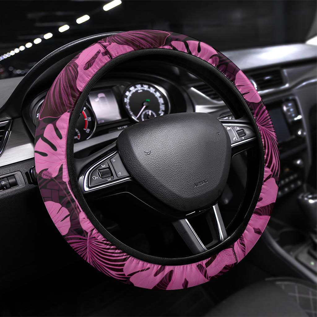 Pink Hawaii Kukui Nut Lei Steering Wheel Cover Hawaiian Pattern Monstera Tropical Vibes - Polynesian Pride