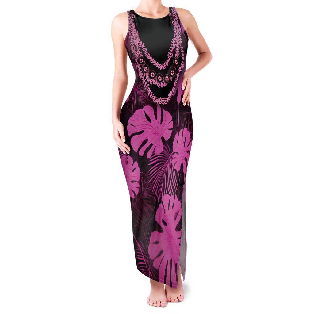 Pink Hawaii Kukui Nut Lei Tank Maxi Dress Hawaiian Pattern Monstera Tropical Vibes - Polynesian Pride