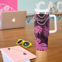 Pink Hawaii Kukui Nut Lei Tumbler With Handle Hawaiian Pattern Monstera Tropical Vibes - Polynesian Pride