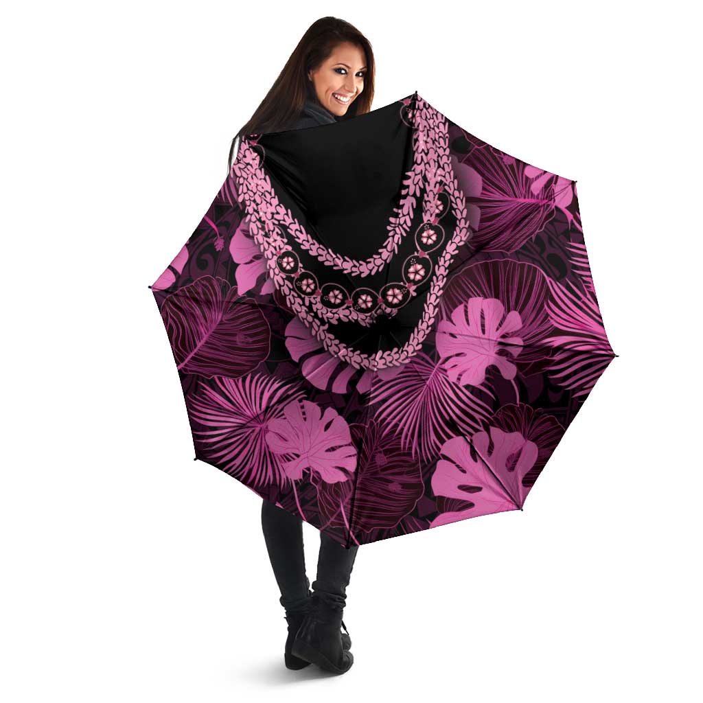 Pink Hawaii Kukui Nut Lei Umbrella Hawaiian Pattern Monstera Tropical Vibes - Polynesian Pride