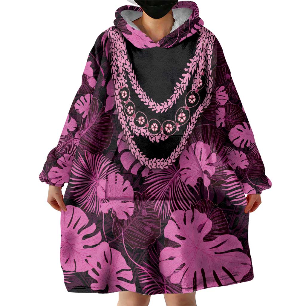 Pink Hawaii Kukui Nut Lei Wearable Blanket Hoodie Hawaiian Pattern Monstera Tropical Vibes - Polynesian Pride