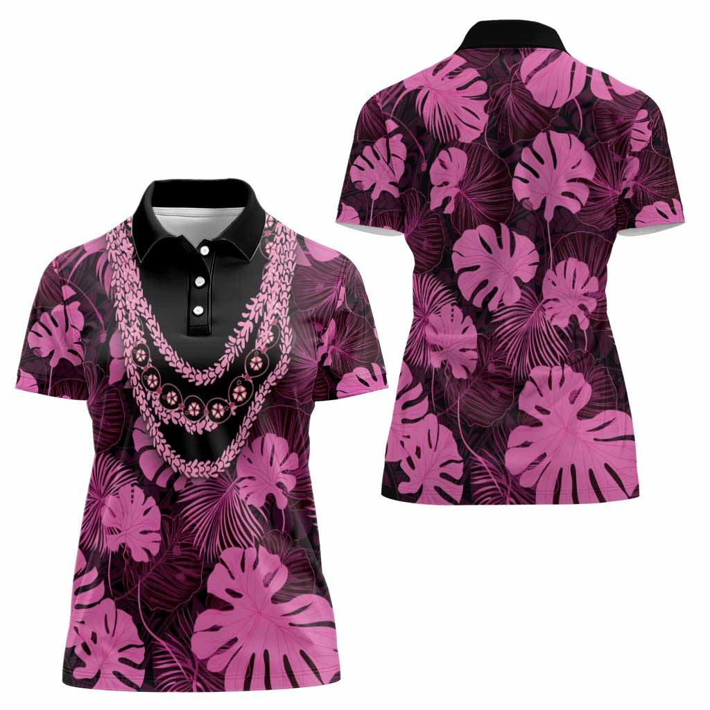 Pink Hawaii Kukui Nut Lei Women Polo Shirt Hawaiian Pattern Monstera Tropical Vibes - Polynesian Pride