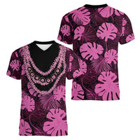 Pink Hawaii Kukui Nut Lei Women V-Neck T-Shirt Hawaiian Pattern Monstera Tropical Vibes - Polynesian Pride