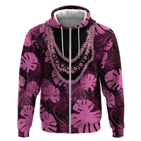 Pink Hawaii Kukui Nut Lei Zip Hoodie Hawaiian Pattern Monstera Tropical Vibes - Polynesian Pride