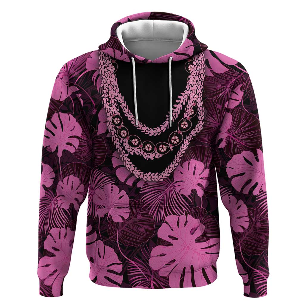 Pink Hawaii Kukui Nut Lei Zip Hoodie Hawaiian Pattern Monstera Tropical Vibes - Polynesian Pride