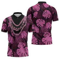 Pink Hawaii Kukui Nut Lei Zipper Polo Shirt Hawaiian Pattern Monstera Tropical Vibes - Polynesian Pride