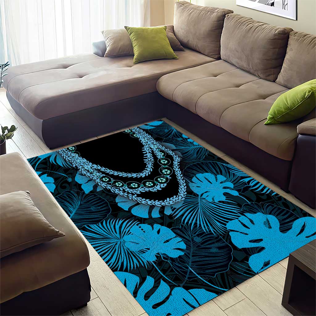 Blue Hawaii Kukui Nut Lei Area Rug Hawaiian Pattern Monstera Tropical Vibes - Polynesian Pride