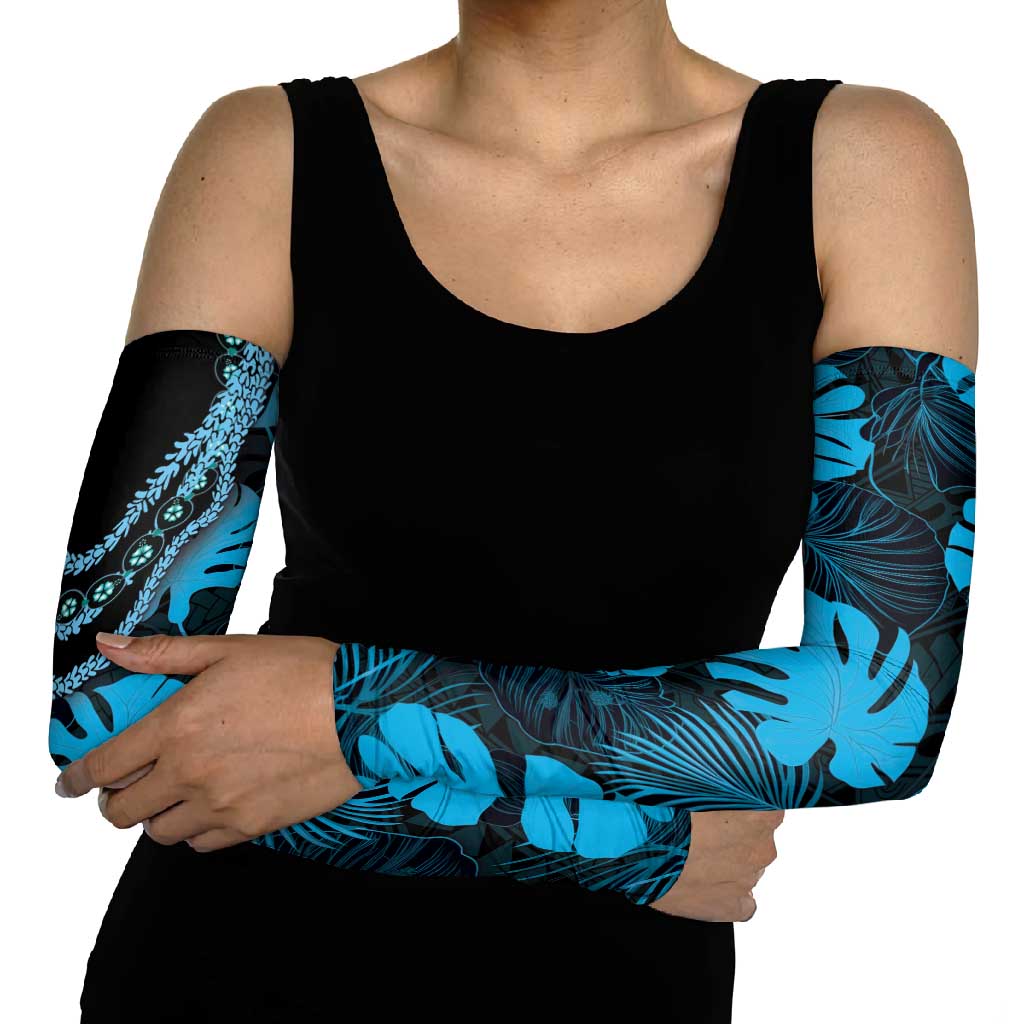 Blue Hawaii Kukui Nut Lei Arm Sleeves Hawaiian Pattern Monstera Tropical Vibes - Polynesian Pride