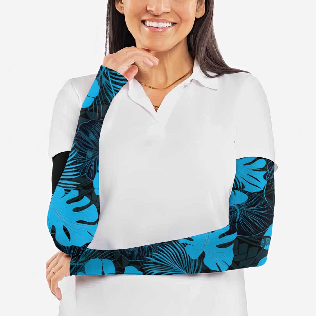 Blue Hawaii Kukui Nut Lei Arm Sleeves Hawaiian Pattern Monstera Tropical Vibes - Polynesian Pride