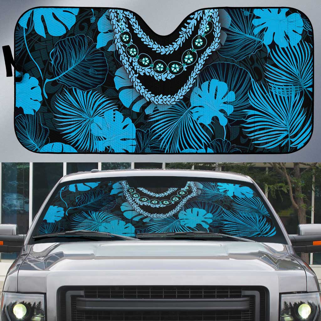 Blue Hawaii Kukui Nut Lei Auto Sun Shade Hawaiian Pattern Monstera Tropical Vibes - Polynesian Pride