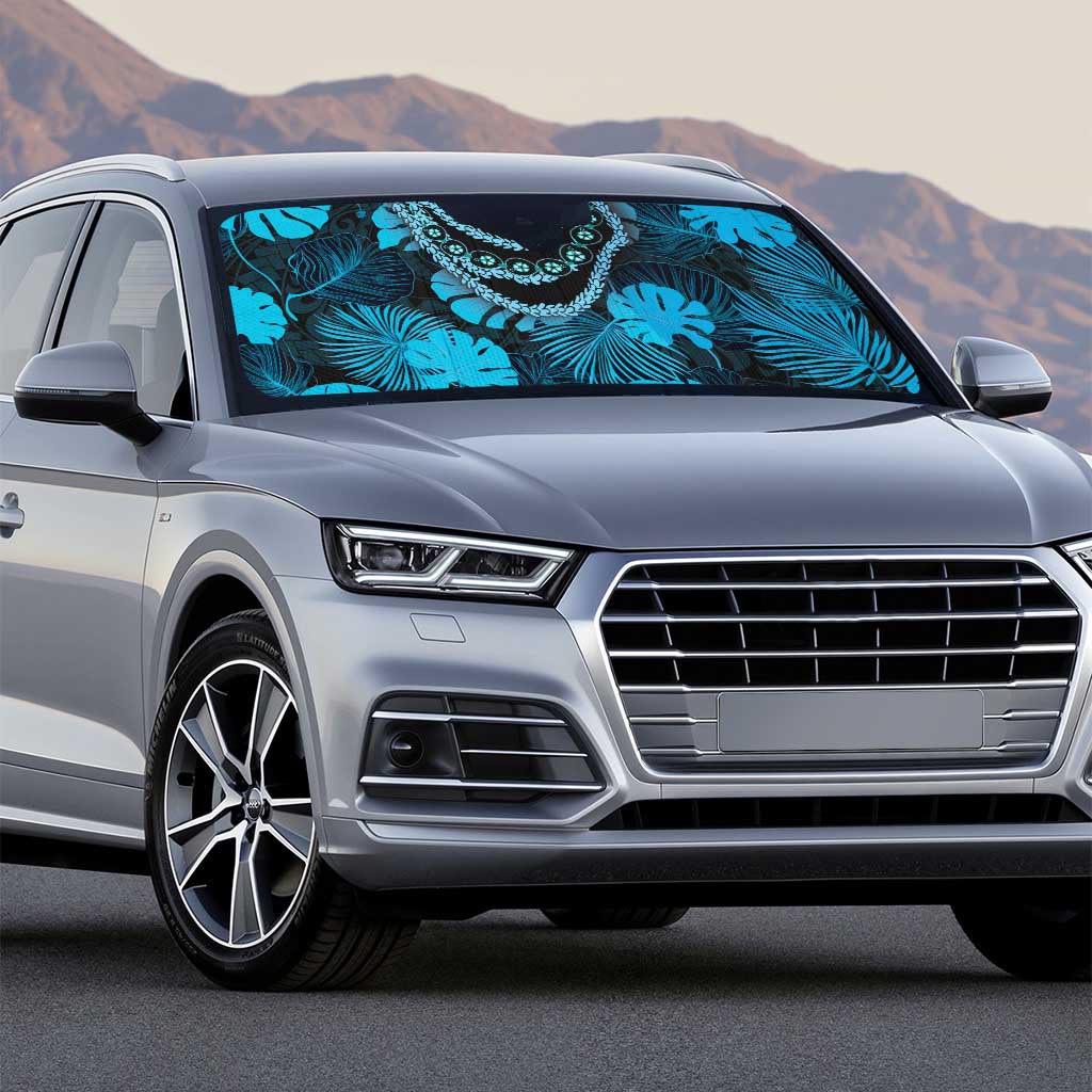 Blue Hawaii Kukui Nut Lei Auto Sun Shade Hawaiian Pattern Monstera Tropical Vibes - Polynesian Pride