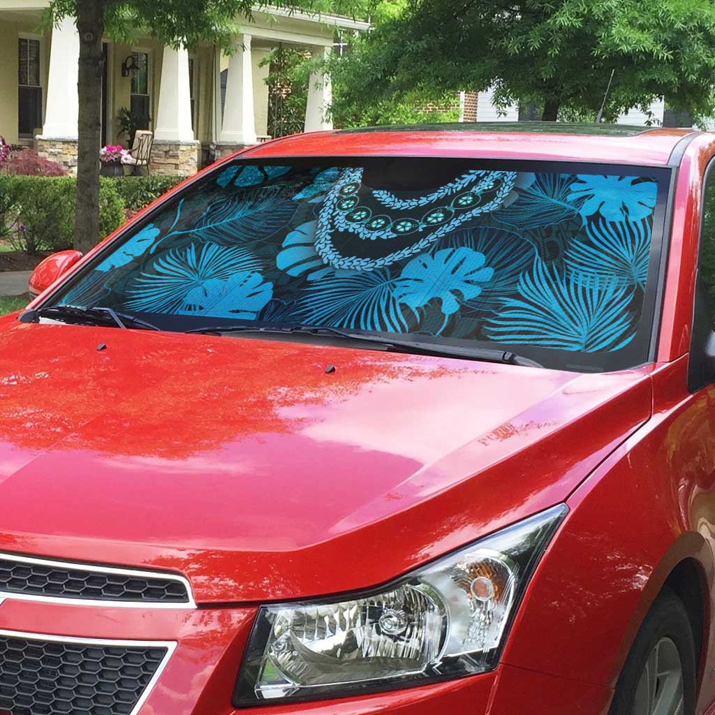 Blue Hawaii Kukui Nut Lei Auto Sun Shade Hawaiian Pattern Monstera Tropical Vibes - Polynesian Pride