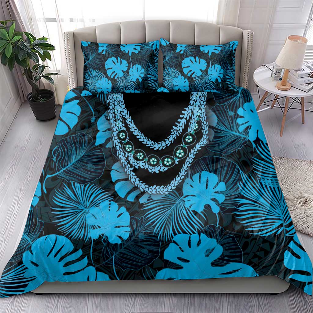 Blue Hawaii Kukui Nut Lei Bedding Set Hawaiian Pattern Monstera Tropical Vibes - Polynesian Pride