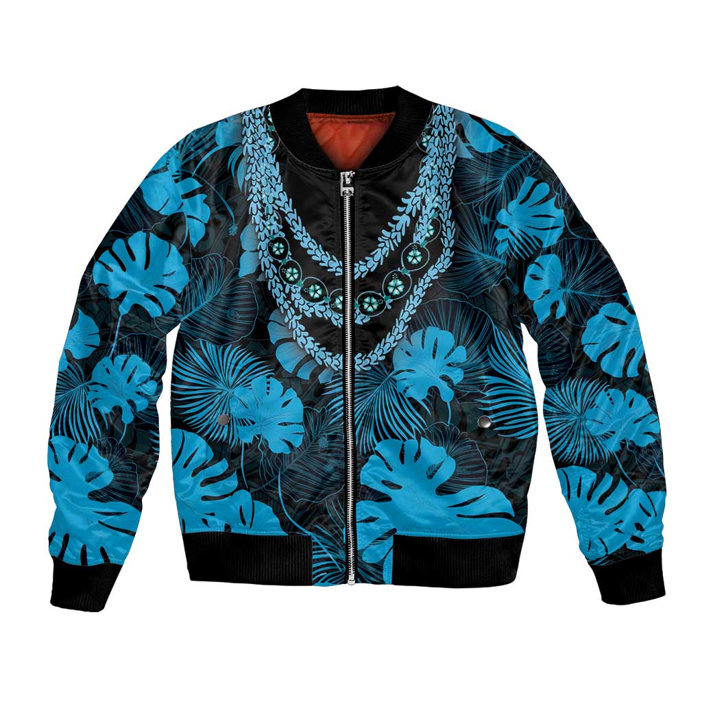 Blue Hawaii Kukui Nut Lei Bomber Jacket Hawaiian Pattern Monstera Tropical Vibes - Polynesian Pride