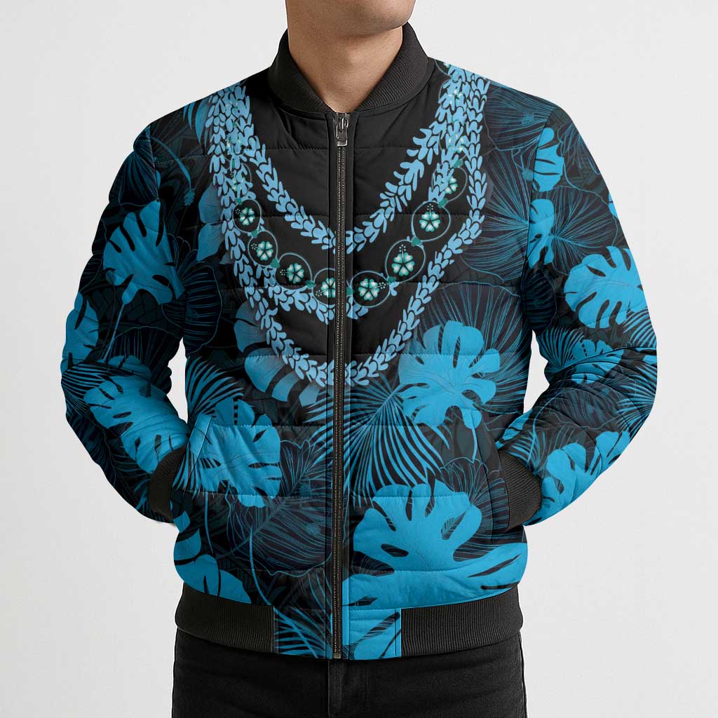 Blue Hawaii Kukui Nut Lei Bomber Puffer Jacket Hawaiian Pattern Monstera Tropical Vibes - Polynesian Pride