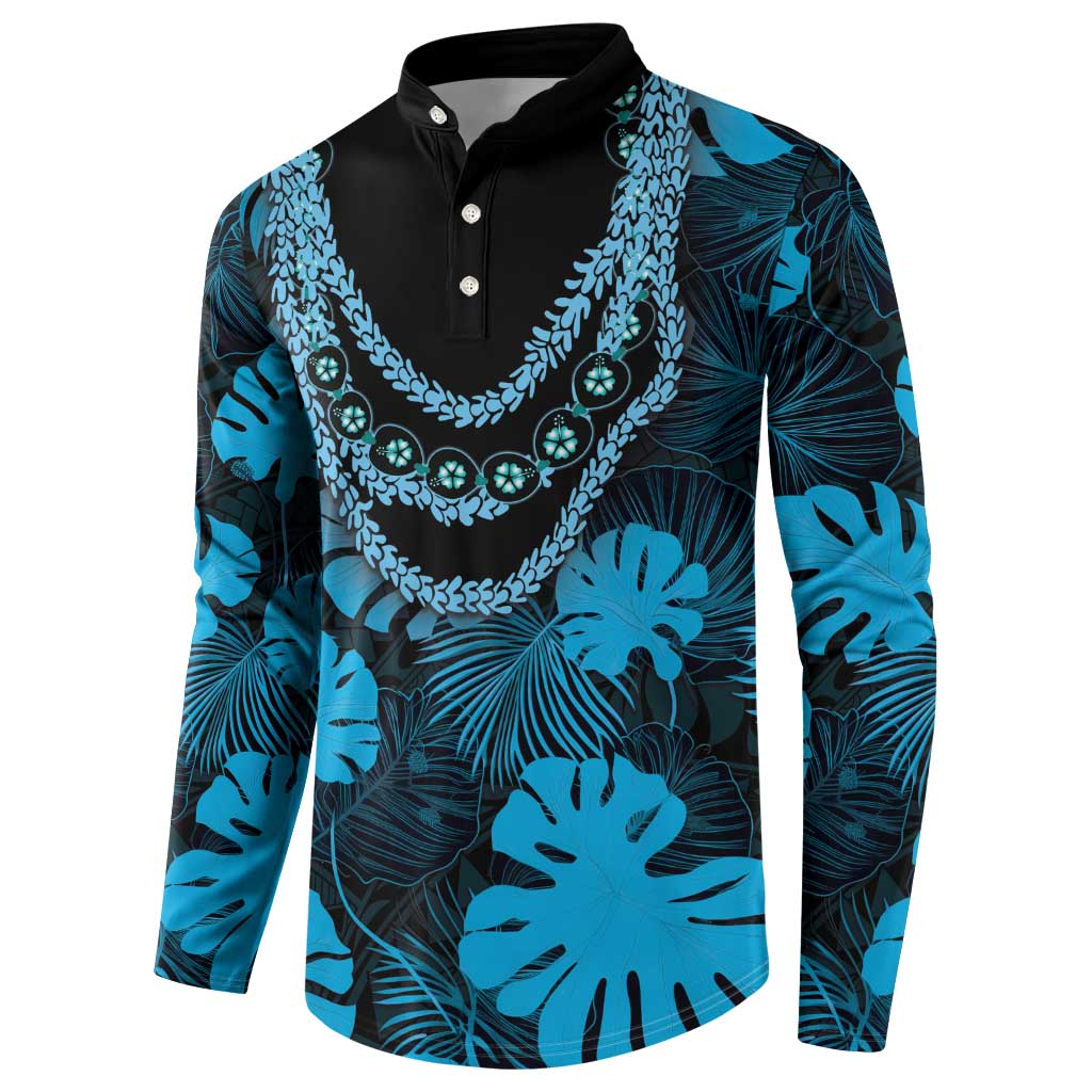 Blue Hawaii Kukui Nut Lei Button Sweatshirt Hawaiian Pattern Monstera Tropical Vibes - Polynesian Pride