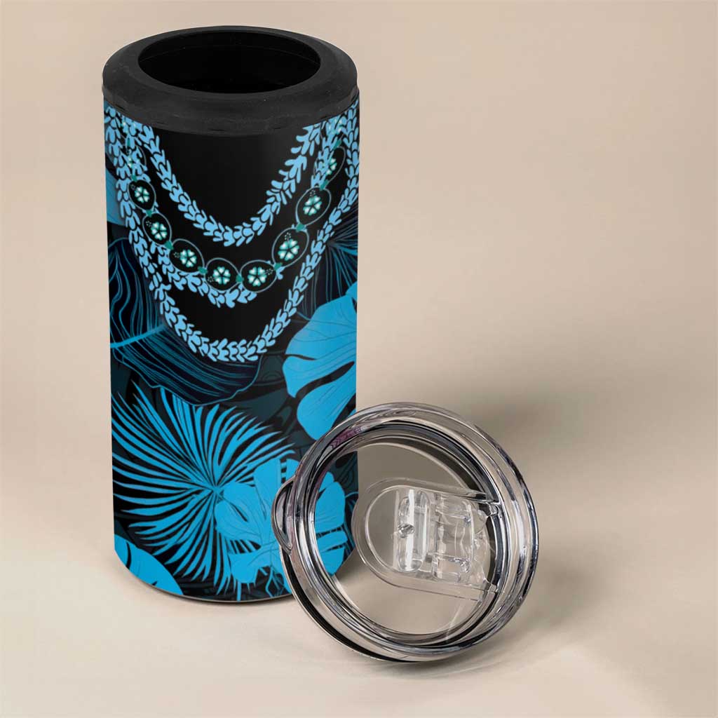 Blue Hawaii Kukui Nut Lei 4 in 1 Can Cooler Tumbler Hawaiian Pattern Monstera Tropical Vibes - Polynesian Pride
