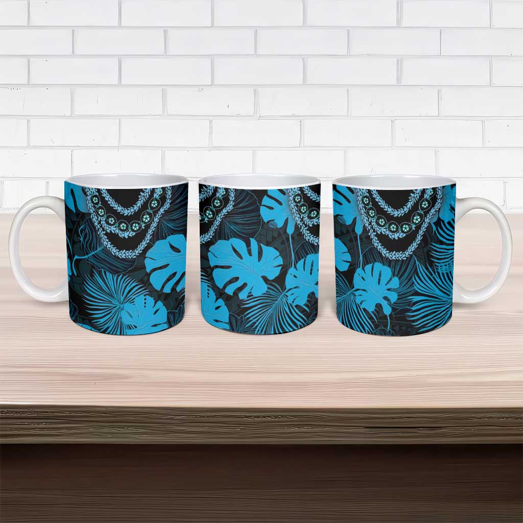 Blue Hawaii Kukui Nut Lei Ceramic Mug Hawaiian Pattern Monstera Tropical Vibes - Polynesian Pride