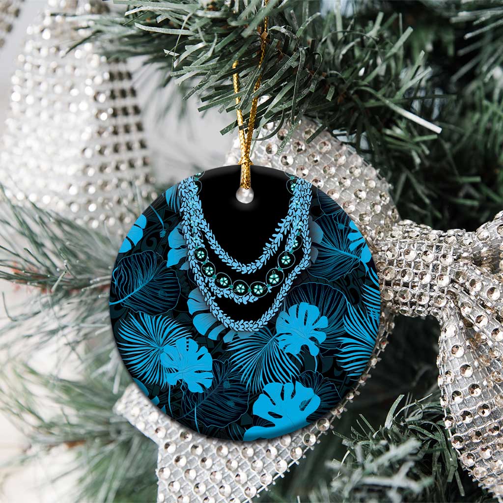 Blue Hawaii Kukui Nut Lei Ceramic Ornament Hawaiian Pattern Monstera Tropical Vibes - Polynesian Pride