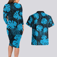 Blue Hawaii Kukui Nut Lei Couples Matching Long Sleeve Bodycon Dress and Hawaiian Shirt Hawaiian Pattern Monstera Tropical Vibes - Polynesian Pride