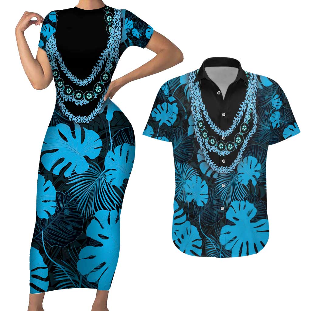 Blue Hawaii Kukui Nut Lei Couples Matching Short Sleeve Bodycon Dress and Hawaiian Shirt Hawaiian Pattern Monstera Tropical Vibes - Polynesian Pride