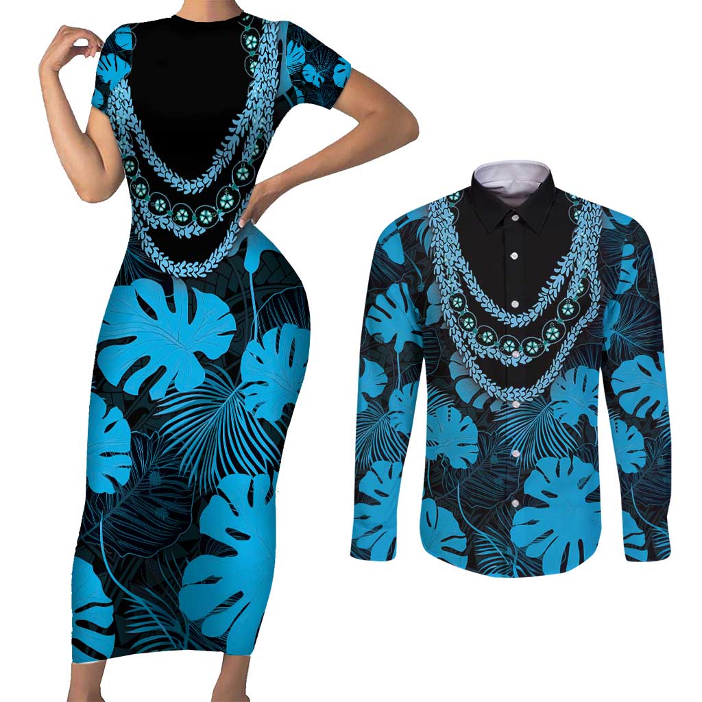 Blue Hawaii Kukui Nut Lei Couples Matching Short Sleeve Bodycon Dress and Long Sleeve Button Shirt Hawaiian Pattern Monstera Tropical Vibes - Polynesian Pride