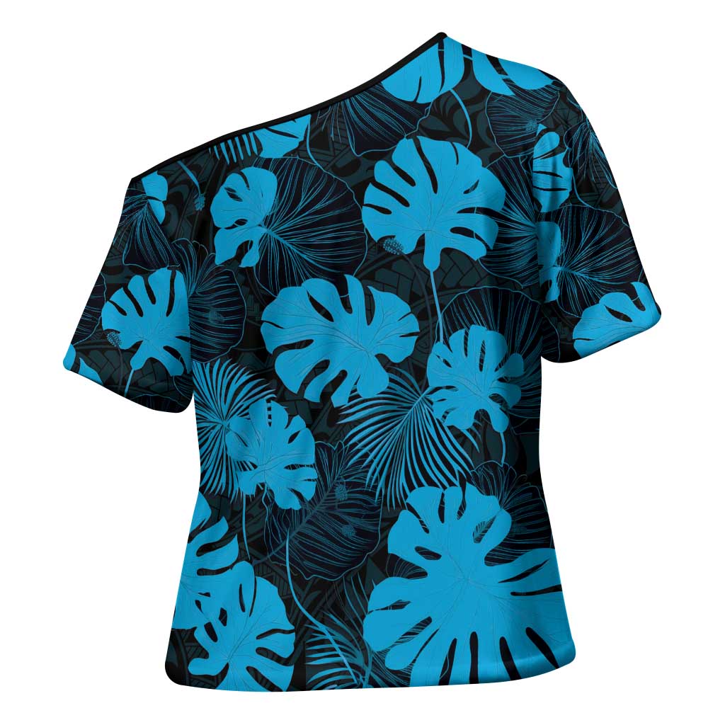 Blue Hawaii Kukui Nut Lei Cross Shoulder Shirt Hawaiian Pattern Monstera Tropical Vibes - Polynesian Pride