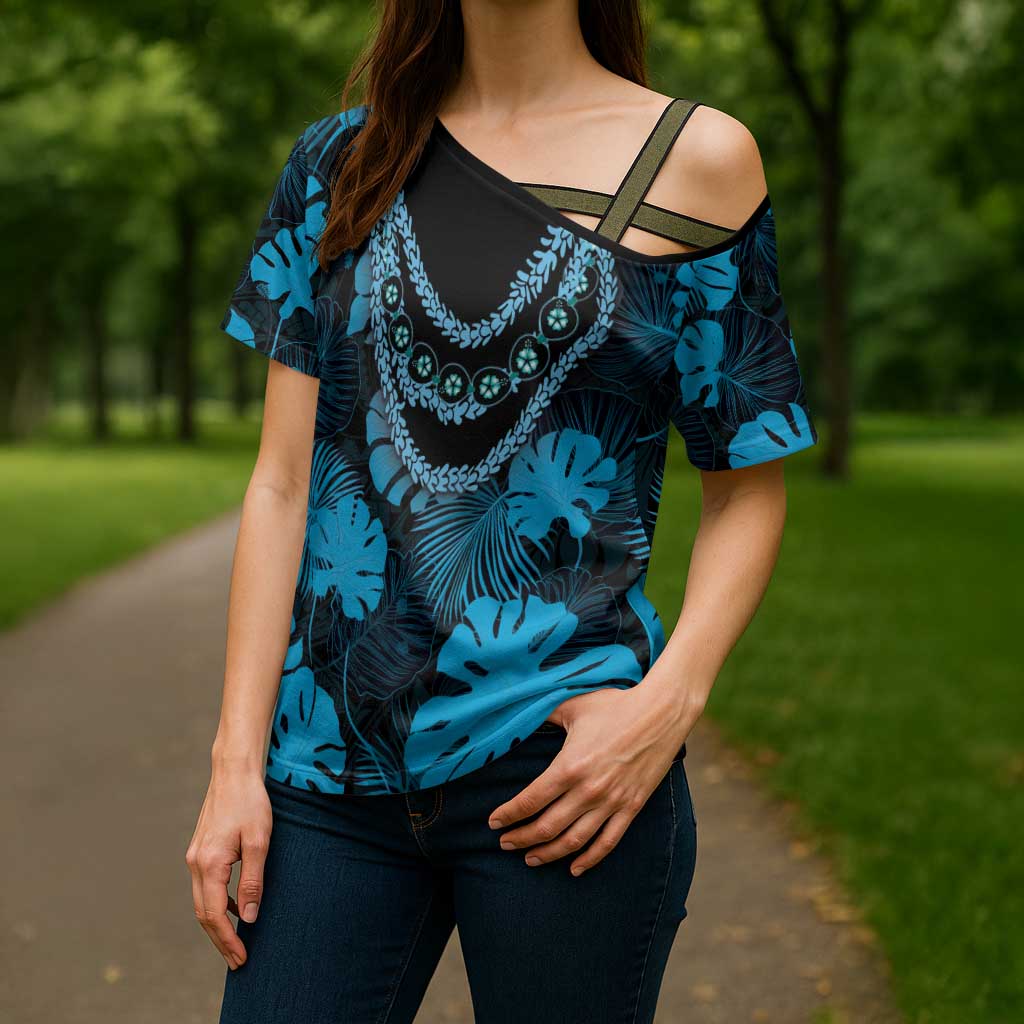 Blue Hawaii Kukui Nut Lei Cross Shoulder Shirt Hawaiian Pattern Monstera Tropical Vibes - Polynesian Pride