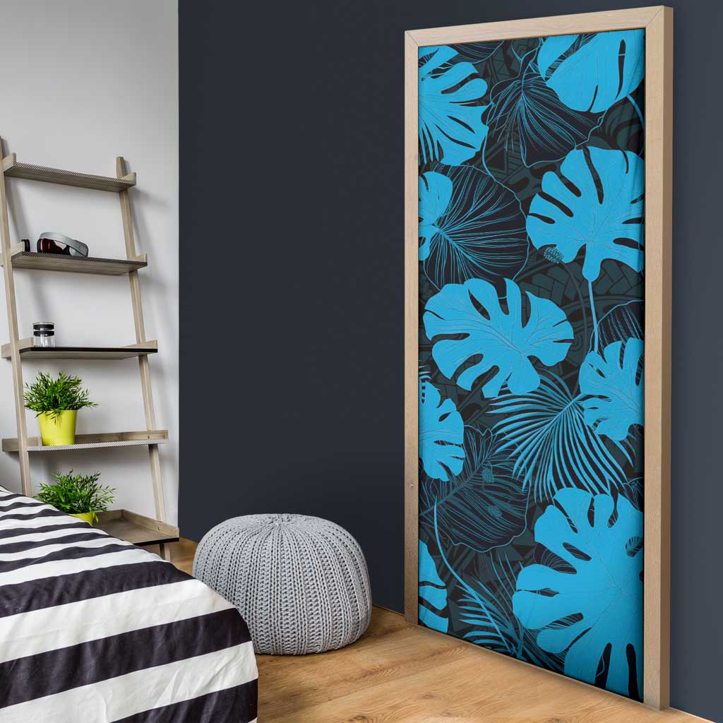Blue Hawaii Kukui Nut Lei Door Cover Hawaiian Pattern Monstera Tropical Vibes - Polynesian Pride